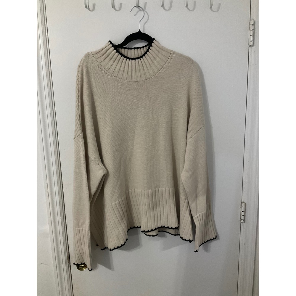 Gap Womens XXL Cream Beige Navy Trim Mock Neck Cotton Knit Oversized Sweater